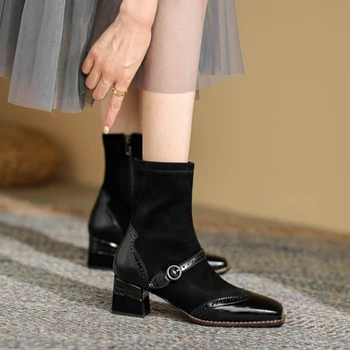 Noua Toamna/Iarna Femei Pantofi Deget De La Picior Pătrat Pantofi Cu Toc Femei Rtro Pantofi De Damă 2021 Moda Pentru Femei Cizme Pentru Femei Solid Negru Cizme Femei