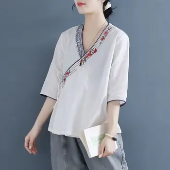 Aransue Stil Chinezesc Literatura Și Arta Vintage Lenjerie de pat din Bumbac Bluza Femei 2022 Vara Tricou Hanfu Sus