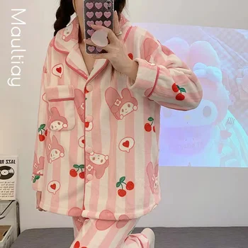 Kitty Sanrio Melodie Kuromi Set De Pijama Cu Maneci Lungi Pantaloni Cald Moale Homewear Toamna Iarna Haine De Casă Haine De Acasă Flanel De Pluș
