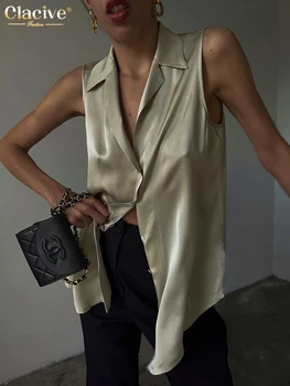 Clacive Moda Rever din Satin pentru Femei Camasi Vara Kaki Bluze fără Mâneci Streetwear Casusal Topuri Largi Haine de sex Feminin 2022
