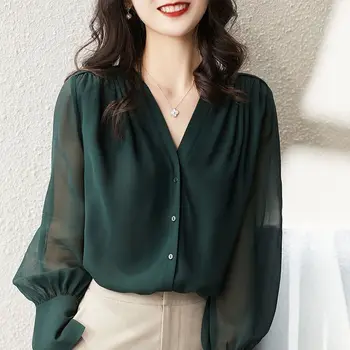 Elegant V-Neck Culoare Solidă Buton Supradimensionat mâneci Șifon Bluza Casual de Vara Topuri Largi Naveta de Îmbrăcăminte pentru Femei Bluza