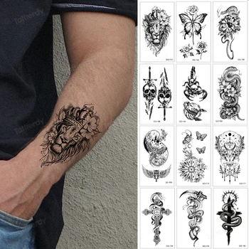 12pcs/mulțime de mici dimensiuni autocolant tatuaj negru anime leu șarpe păsări fluture floare cruce tatuaje temporare pe banderola de mână braț