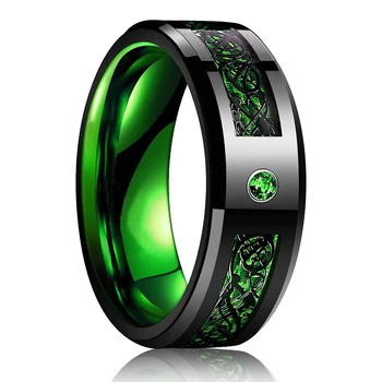 Moda Negru De Tungsten Nunta Celtic Dragon Inele Pentru Bărbați Încrustat Verde De Zirconiu Punk Bărbați Din Oțel Inoxidabil Verde Fibră De Carbon Inel