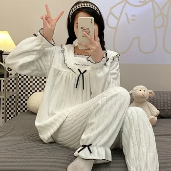 De Iarnă 2022 Dulce Princess Dantela Cu Maneci Lungi Groase Flanel Cald Pijama Seturi Pentru Femei Coreea Drăguț Arc Sleepwear Homewear Haine
