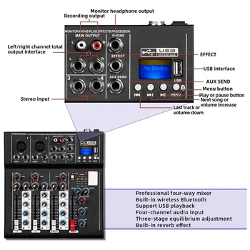 F4 4 Canale Audio Mixer de Sunet Profesionale Consolă de Amestecare cu Bluetooth USB Înregistrare 48V Phantom Power