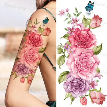 Flori Colorate Cheile De Tatuaje Temporare Pentru Adulti Femei Trandafir Realist Flora Impermeabil Tatuaj Fals Autocolant Sexy Tatuaje Antebrat