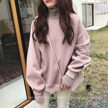 Stil coreean Supradimensionate Hoodies Femei Fals Două Piese de Iarnă Pulover Femei Tricou Vrac Gros de Lână Pulovere