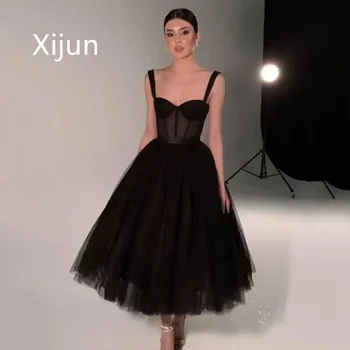 Xijun Elegant O Linie De Rochii De Bal Curea De Spaghete Femei Rochie De Seara Lungime De Ceai Negru Iubita Rochii De Bal Vestidos De Gala