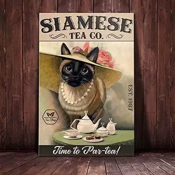 Pisica Siameza, Tablă De Metal Semne De Ceai Co. Timp Pentru A Par-Tea Amuzant Imprimare Poster Cafe Atelier De Bucătărie Acasa Art Decor De Perete Placa Cadou