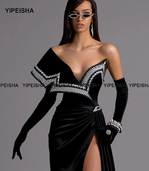 Yipeisha Asimetrice Velur Rochie de Bal Perle Fantă Mare Concurs de Rochie Sirena Catifea Neagra Rochie de Seara Halat de Petrecere