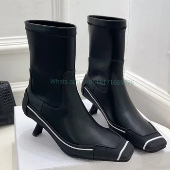 Seara la Mijlocul gambei Design Pisoi Toc, Deget de la picior Pătrat Genunchi Ridicat Cizme Femei din Piele Neagră Cizme de Moda Lady Sexy de Lux cu Toc mic Pantofii