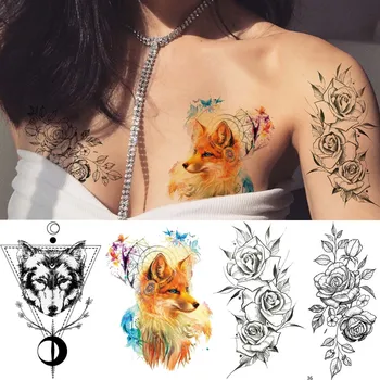 IORIKYO Moda pentru Femei Sexy Tatuaj Fals Fox Temporară Tatuaj Floare Trandafir Bărbați Geometrice Lup Acuarelă Tatuaj Autocolante 3D