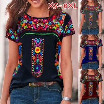 2022 Vara Femei de Moda Casual, O Gât T Cămașă Vintage Boho Etnice imprimeu Floral Maneca Scurta Vrac Top Femei T Shirt XS-8XL