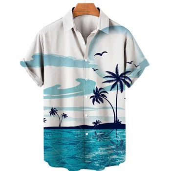 Vara Noi Copac de nucă de Cocos Hawaiian Imprimare Tricou V-neck Un Cuvânt Butonul Maneca Scurta Casual Fashion Beach Resort Stil Liber 5xl