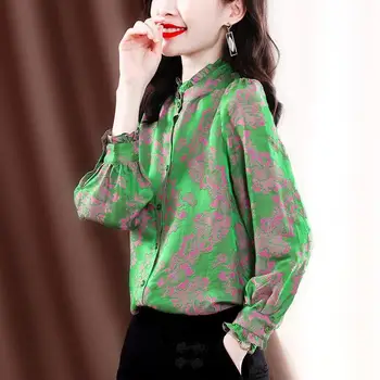 Elegant Ciufulit Gâtului Vintage Imprimate Primavara Toamna Supradimensionat Buton Satin Bluza de Moda Liber Naveta de Îmbrăcăminte pentru Femei Tricou