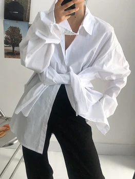 [MEM] Femei Bandaj Alb Dimensiuni Mari Scurtă Bluză Nouă Rever Maneca Lunga Tricou Vrac se Potrivi de Moda Valul de Primăvară de Toamnă 2023 1DF0344