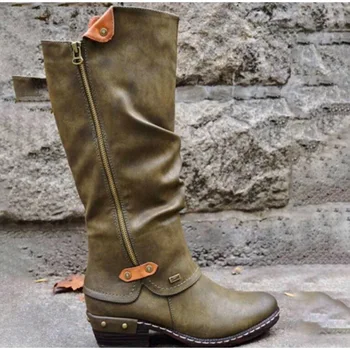 Femei la Jumătatea Vițel Cizme Vintage Britanic PU Piele Pantofi Femei cu Toc mic Zip de Cusut Doamnelor Moda Retro Cizme Lungi Femei 2020