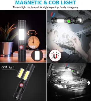 Pocketman 4 Moduri USB Reîncărcabilă Lanterne Magnetic Coada Lanterna LED rezistent la apa Lanterna cu Zoom Lanterna cu Lumină Cob