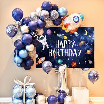 Spațiu 1st Birthday Party Consumabile 71Pcs Rachete Astronaut Balon Arc Cu Universul Planete Fondul Pentru Baby Boy Copil