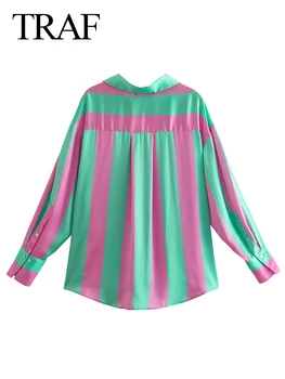 TRAF de Moda cu Dungi Verticale Camasa Casual pentru Femei Buton Rever mâneci Lungi Vrac Bluza Toate-meci Naveta Eleganta Topuri