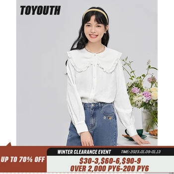 Toyouth Femei Tricouri 2022 Toamna Cu Maneci Lungi De Flori Marginea Revere Bluza Texturate Jacquard Alb Chic Casual Streetwear Topuri