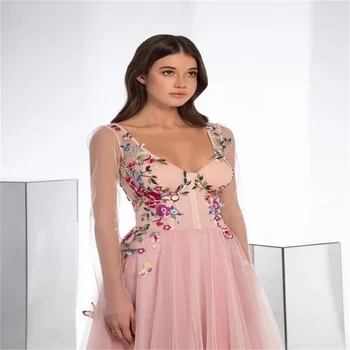 Sexy Roz Rochii de Seara Aplicatie din Dantela Ruched Tul de Bal Matura-Tren Mâneci Lungi Covorul Rosu de Partid Formal vestidos de gala