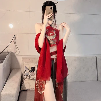 China Roșie Sexy Hanfu Șorț Femei Pură Dorință de Lenjerie Suspensor Fusta Uniformă de Cald Șal Tentația Pijamale Bandaj Fusta Set