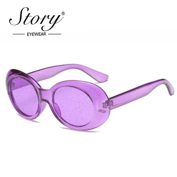 POVESTEA Retro Vintage Violet Oval ochelari de Soare Femei 2018 Sunmmer Sclipici Bomboane de Culoare Transparent Cadru Kurt Cobain Ochelari de Soare