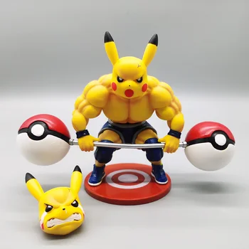 Pokemon Pikachu de Fitness Musculare Acțiune Figura Jucării Haltere Puternic Pikachu Schimba Cap Dublu din PVC, Model pentru Copii Cadouri