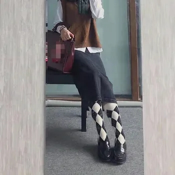 Fete Ține de Cald Stil Japonez Șosete până la Genunchi pentru Femei Sockings Model Romb Toamna Iarna Bumbac 1Pair Stil de Colegiu