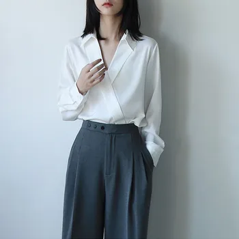 HOUZHOU Moda Toamna Satin Alb Tricouri Femei V-Neck Bluza Eleganta Office Doamnelor Maneca Lunga coreean Șifon Șic Top de sex Feminin