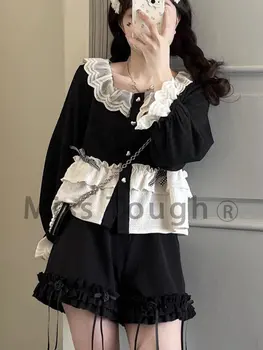 Coreeană Stil Kawaii Două Bucata Set Pentru Femei Dantelă Neagră Lolita Dulce Pantaloni Scurți Seturi De Sex Feminin Japonez Bluza Eleganta + Largi Picior Pantaloni Scurți Noi