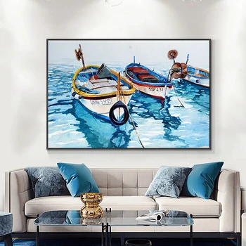 Barca Pe Marea Albastră Pictura in Ulei peisaj Marin Arta de Perete Panza Pictura Postere si Printuri Nordic Imagine Pentru Camera de zi Decor Acasă