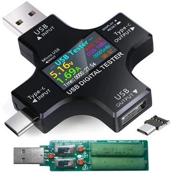 USB C Tester,2 In 1 Tip C USB Tester Ecran Color IPS Multimetru Digital,Tensiune,Curent,Putere,Temperatura,Cu Încărcător