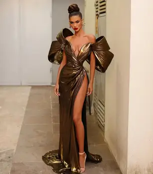 Feminin Aur din Piele Split Rochii de Bal Lungi 3D Mâneci Capac Sexy Prom Rochii High End Strălucitor Femei Maxi Rochie De Petrecere