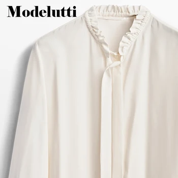 Modelutti 2022 Primavara Toamna Tricou cu Maneci Lungi, Guler Cravată de Proiectare de Moda pentru Femei Bluze Solide Simplu All-meci Topuri Casual sex Feminin