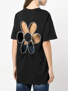 2022 coreeană de Moda pentru Femei T-Shirt, Cu Diamant de Flori Decor Cutout Spate Top Casual de Vara Vrac Supradimensionat Tricou y2k