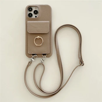 Cu Inel de Lux din Piele de Protecție Acoperă Pentru iPhone 14 13 Pro Max Plus 12 Mini Caz Șnur Telefon rezistent la Socuri Cazuri Coque Fundas