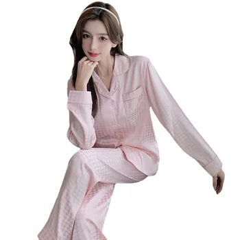 Gheață Pijamale de Mătase pentru Femei de Moda cu Maneci Lungi Pantaloni Două Bucata Set Femei de Lux Casual Pierde Rever Sexy Homewear Set Plus Dimensiune 5XL