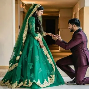 Indian Musulman Nunta Rochie Verde Cu Maneci Lungi Arab Dubai Rochie De Mireasa O Linie De Aur Dantela Cu Margele De Cristal Wedidng Rochii 2020