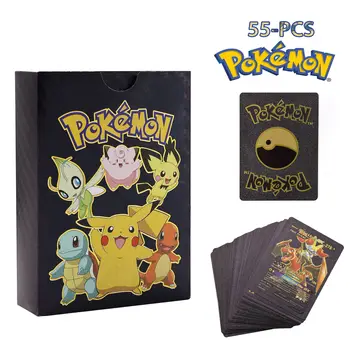 55PCS Carduri Pokemon Metal Moale engleză franceză germană spaniolă Pikachu Aur, Argint Negru Alfabet Jocuri de cărți de Colectie Jucarii
