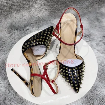 Nituri De Lux Leopard Ascuțite Sandale Femei Culori Amestecate Tocuri Inalte Sexy Pantofi Rochie Trend Brand Bling Aur Împânzit Sandale