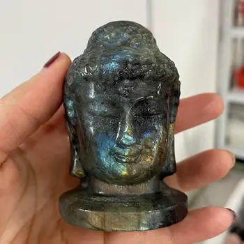 Naturale Cristal de Labradorit Manual Sculptat capul lui Buddha Lustruit Puternic Statuie pentru Acasă Decorare Cadou Pace Reiki ornamente