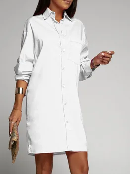2022 Toamna Noua Pierde cu Mâneci Lungi Guler de Turn-down Butonul de Buzunar Tricou Femei Culoare Solidă Fantă de Moda Cardigan Lung Bluza Femme
