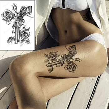 Pistol negru de Viță de vie Model de Tatuaje Autocolant pentru Barbati Femei Brațul Picioare Arta Impermeabil Tatuaje Temporare False a Crescut de Flori, Frunze Tatuaje