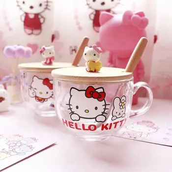 Hello Kitty Desene Animate Drăguț Lapte Cupa Fată Drăguță Inima Fulgi De Ovăz Cupa Cu Capac Lingura Mare Capacitate De Lapte Ceașcă De Ceai Ceașcă De Sticlă Ceașcă Iaurt Imagine 2