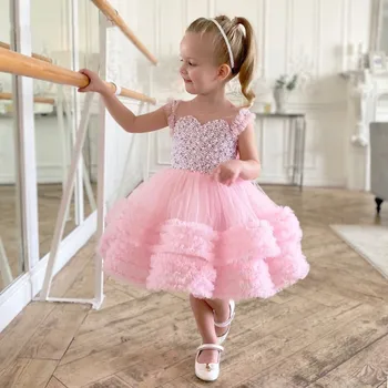 2022 Rochie De Printesa Roz Pearl Margele Puffy Prima Comuniune Rochie De Flori Girl Rochii Pentru Copii Drăguț Fete Dress Prima Rochii De Cust Imagine 2