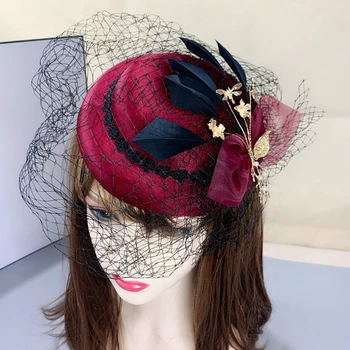 Mireasa Nunta Pălării Facinators pentru Femei Rosu cu Ochiuri Caciulita Pălărie Pene de Lux Voaluri Accesorios para el pelo mujer Imagine 2