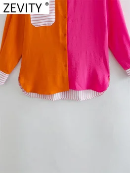 Zevity de Moda pentru Femei de Culoare Mozaic cu Dungi, Buzunar Bluza Office Lady Lungă Maneca Cămașă de Afaceri Chic Combinezon Blusa Topuri LS1788 Imagine 2