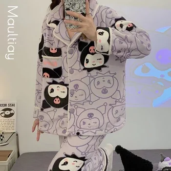 Kitty Sanrio Melodie Kuromi Set De Pijama Cu Maneci Lungi Pantaloni Cald Moale Homewear Toamna Iarna Haine De Casă Haine De Acasă Flanel De Pluș Imagine 2